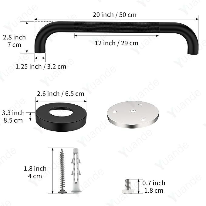 20 Inch Anti Slip Shower Grab Bar, YuanDe Black Stainless Steel Bath Grab Bar, Knurled Bathroom Safety Rail, Shower Handrail Support, Handicap Elderly Balance Assist Handles-1.25" Diameter