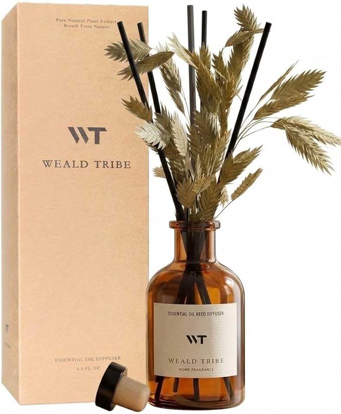 WEALD TRIBE Bamboo Scent Flower Reed Diffuser Set for Bathroom Air Fresheners, Oil Diffuser Sticks | 4.0 fl oz Home Fragrance with Sticks Defusers | House Bedroom Office Shelf Decor