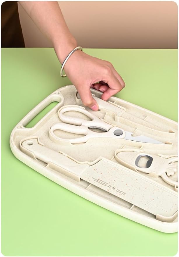 SUJAYU 5 in 1 Mini Knife and Cutting Board Set, Small Camping Cutting Board Cutting Board Scissors, Dorm Kitchen Essentials Travel Knife Set (Beige)