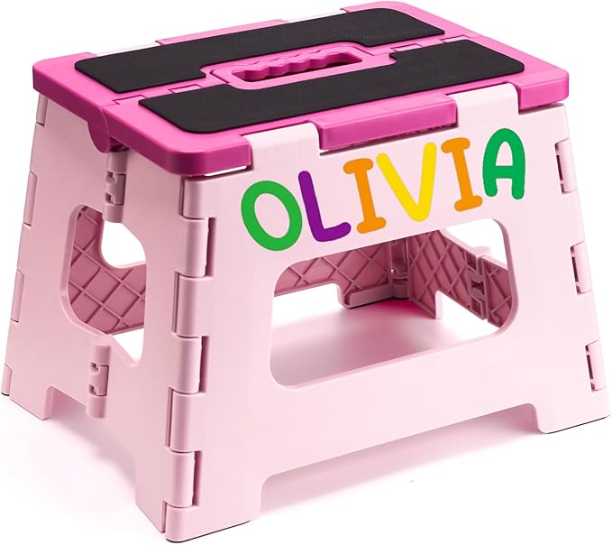 Delxo 9 Inch Folding Step Stool for Kids - Includes 3 Alphabet Letter Stickers & 2 Non-Slip Grip Pads, Sturdy Foldable Foot Stool for Toddlers, Kitchen, Bathroom & Bedroom (Pink)