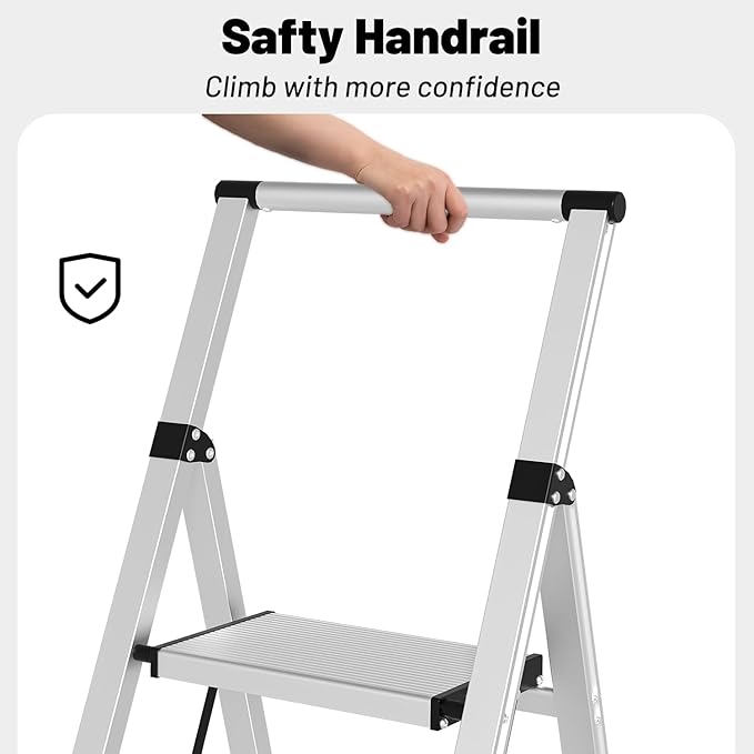 3 Step Ladder Aluminum Lightweight Folding Step Stool, 600lbs Max Load Heavy Duty Step Stool with Safety Handrail, Slim Foldable Kitchen Stool with Anti-Slip Pedal for Home Sliver，3 Steps