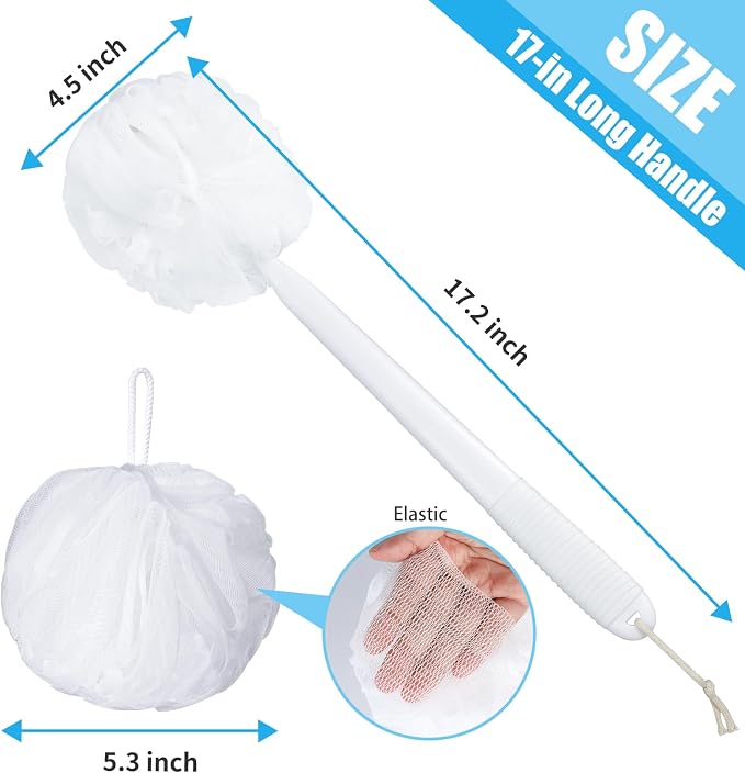 VANZAVANZU Loofah Sponge Set Back Scrubber for Shower, Anti-Slip Plastic 17" Handle Loofah on a Stick with Fluffy Shower Sponge, PE Soft Mesh Shower Loofahs-White