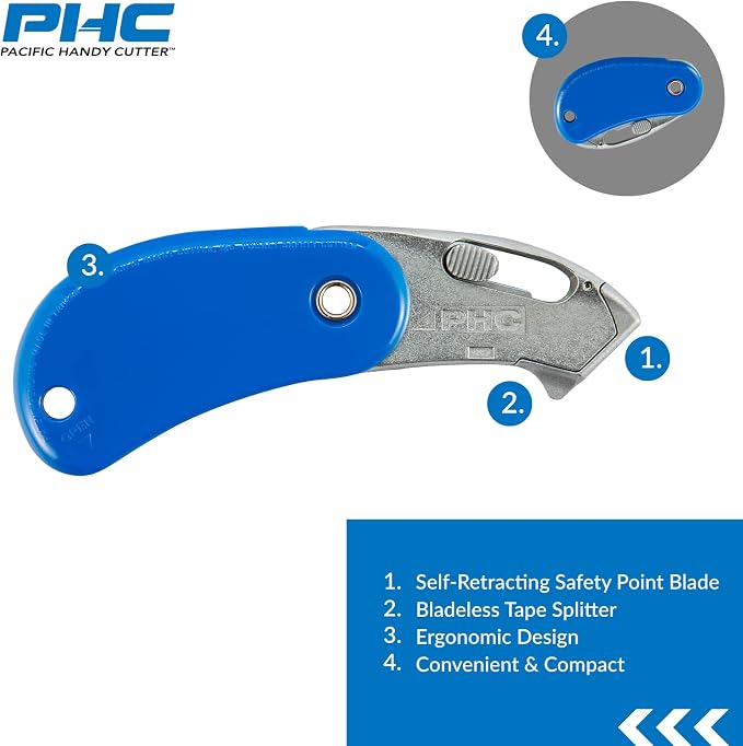 Pacific Handy Cutter PSC2 Pocket Safety Cutter, Box of 12, Blue, Compact Design with Integrated Bladeless Tape Splitter, Self-Retracting Safety Point Blade for Boxes, Tape, String, Paper, or Plastic