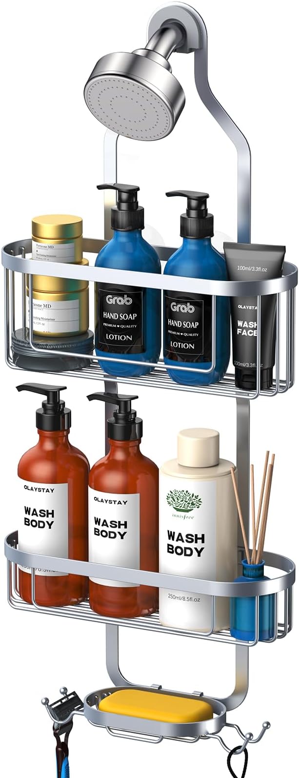 Bathroom Hanging Shower Organizer, Over Head Shower Caddy Shower Storage Rack Basket with Hooks for Razor and Sponge Rustproof, Silver [Patented]