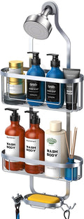 Bathroom Hanging Shower Organizer, Over Head Shower Caddy Shower Storage Rack Basket with Hooks for Razor and Sponge Rustproof, Silver [Patented]