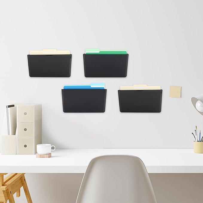 EASEPRES 4 Pack Black Single Pocket Hanging File Organizer, Plastic Wall Mount Paper Mails Magazines Holder, Mounted Folder Bins for Office, School and Home, 12.99x4.13x7.48 inches