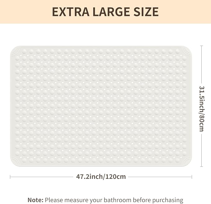 Yolife Extra Large TPE Shower Mat, 47.2" L x 31.5" W Anti Slip Bath Mat with Drain Holes and Suction Cups, Large Size Mat More Suitable for Shower Stall, No Odor, Heavy Mat (White, 47.2" x 31.5")