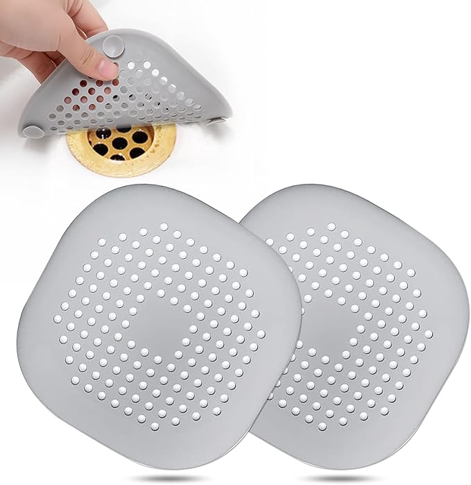 Hair Drain Catcher,Square Drain Cover for Shower Silicone Hair Stopper with Suction Cup,Easy to Install Suit for Bathroom,Bathtub,Kitchen 4 Pack (Grey Aluminium White)