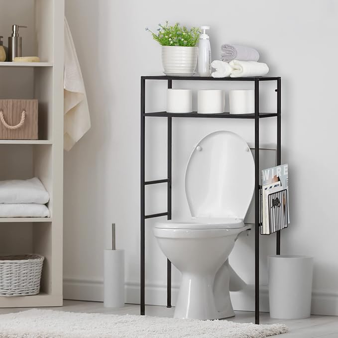 MyGift 2-Tier Over The Toilet Storage Rack, Over Toilet Bathroom Organizer, Freestanding Above Toilet Shelf with Removable Magazine Holder Basket, Black Metal Cabinet for Laundry Space Saver
