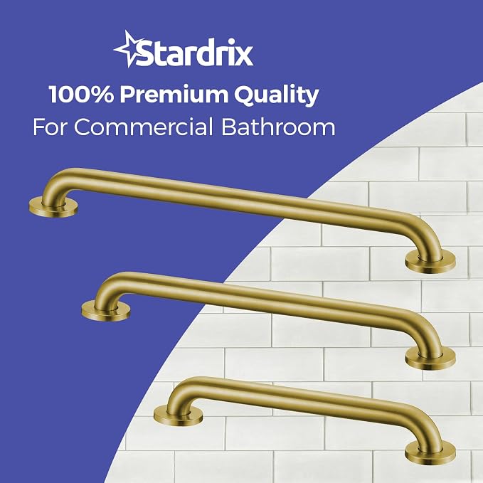 Stardrix Grab Bar Bundle for ADA Compliance, Brushed Gold Stainless Steel Grab Bar Set for Commercial and Residential Restrooms, 1.5" Diameter - 18", 36", 42" - Pack of 3