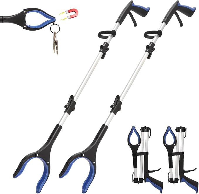 2 Pack Grabber Reacher Tool, 36" Extra Long Heavy Duty Folding Pickup Tool with Magnets & Rotating Jaw - Pickup Tool for Seniors, Mobility Aid, Trash Picker (Blue)