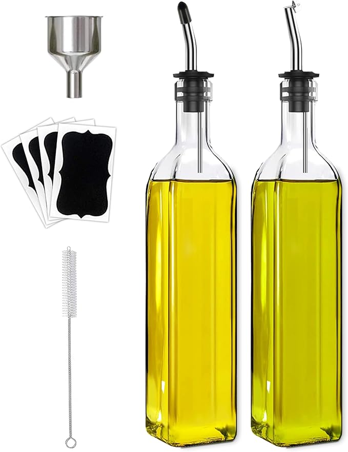 Leaflai Olive Oil Dispenser Bottle, 2 Pcs Glass Olive Oil Dispenser and Vinegar Dispenser Set with 2 Stainless Steel Pourers, 4 Labels,1 Brush and 1 Funnel Oil Bottles for Kitchen (500ml)