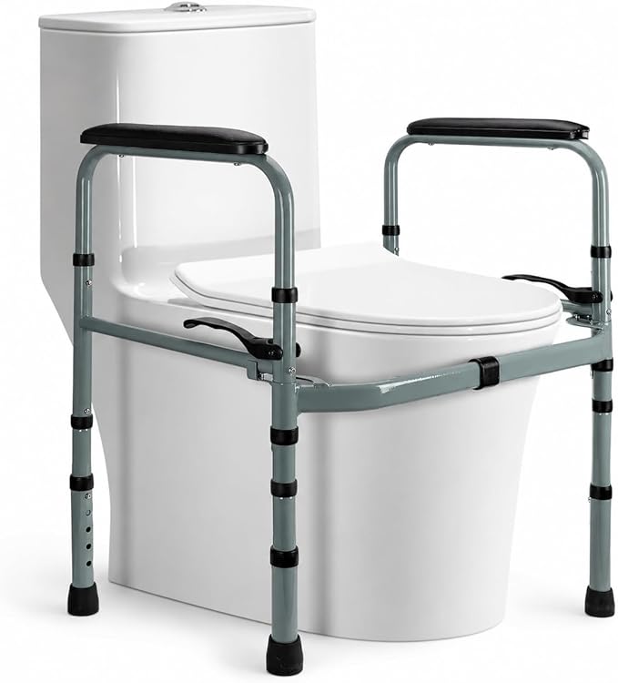 Toilet Safety Rails for Seniors, Foldable Stand Alone Toilet Safety Frame with Adjustable Handles, Freestanding Bathroom Rail for Easy Sitting & Standing, Fits Standard & Elongated Toilets, 350 lbs