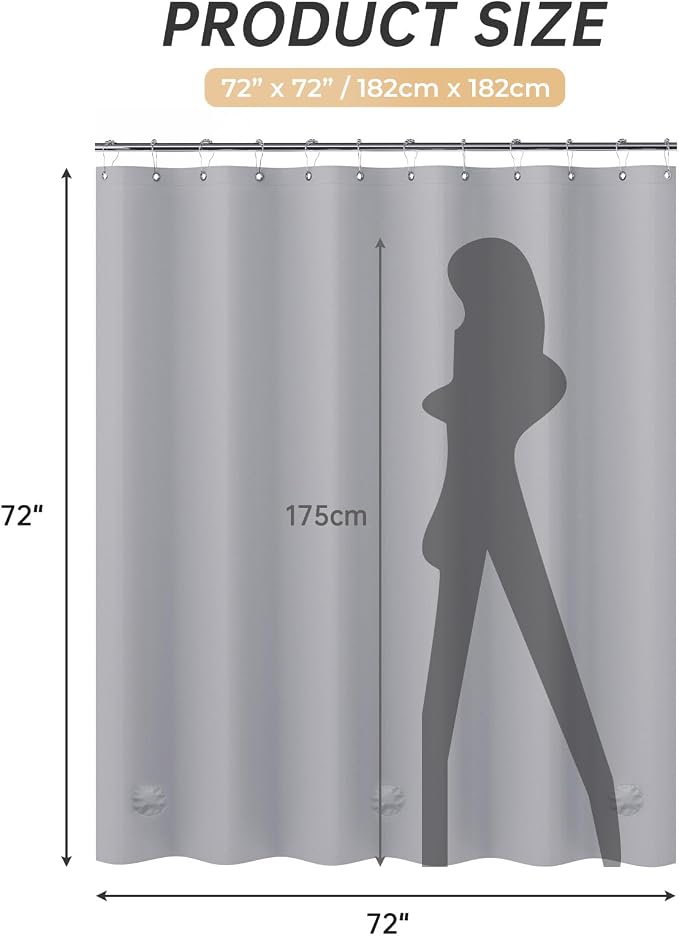 AmazerBath Grey Shower Curtain Plastic, Thick PEVA Shower Curtain Grey, Heavy Duty Shower Curtains for Bathroom, Waterproof Shower Curtain 72x72 with 3 Big Weighted Stones and 12 Rustproof Grommets