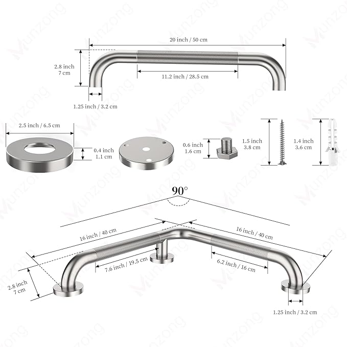 16 Inch Anti Slip Angled Shower Grab Bars with Munzong 20 Inch Stainless Steel Bathroom Grab Bar Brushed Nickel Toilet Handicap Grab Rail Knurled Safety Handle Support Elderly Injury Senior Bath