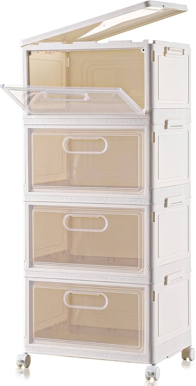 Freebat 4-Tier Stackable Storage Bins with Lid, 23QT Storage Containers,Clear Foldable Plastic Drawer Storage on Wheels,Closet Organizers and Storage for Living Room,Bedroom,Office,Dorm