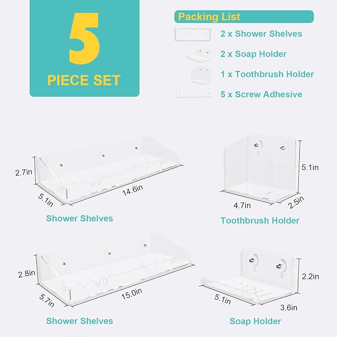Bakzon Adhesive Shower Caddy, 5 Pack Acrylic Shower Shelves Bath Organizers With Large Capacity, No Drilling Shelves for Bathroom Storage