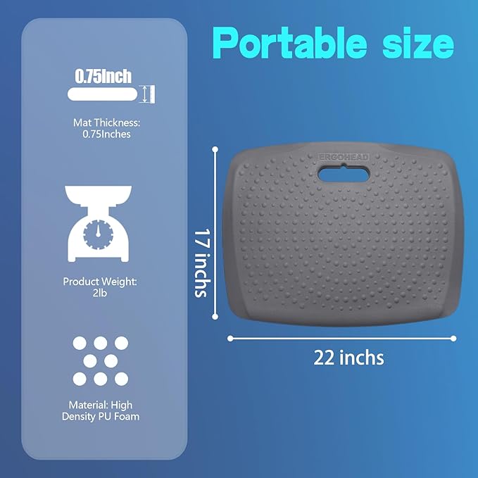 3/4 inch Anti Fatigue Comfort Standing Mat, Portable Office Standing Desk Pad, Non Slip Kitchen Mat, Built-in Handle with Massage Points Comfort Floor Mat (Gray, 17" x 22")