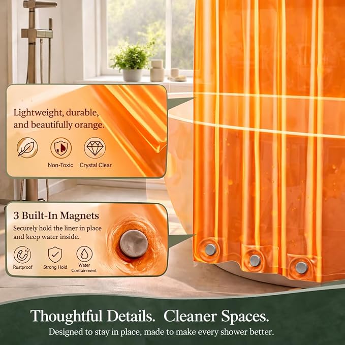 EHZNZIE Orange Shower Curtain Liner 72x72, PEVA Waterproof Bath Curtain, No Chemical Smell, 3 Weighted Magnets, Durable with Rustproof Metal Grommets