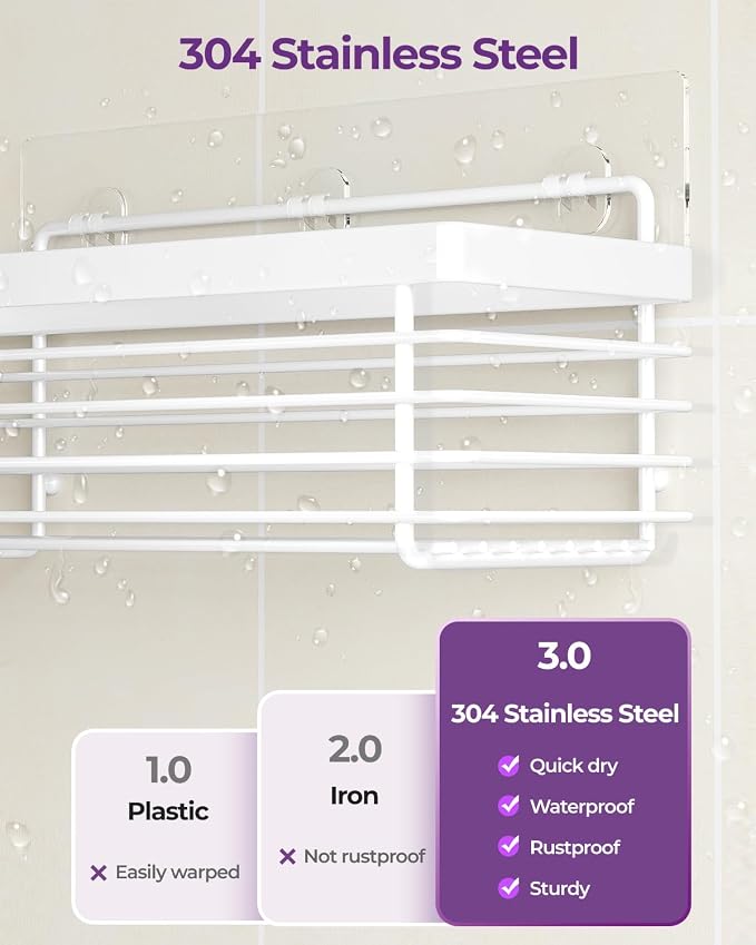 ODesign Shower Caddy 3 Pack SUS304 Stainless Steel-No Drilling-Shower Bathroom Shelves Rack,Rustproof Wall Mounted,Adhesive Shower Shelf Basket Organizer-White