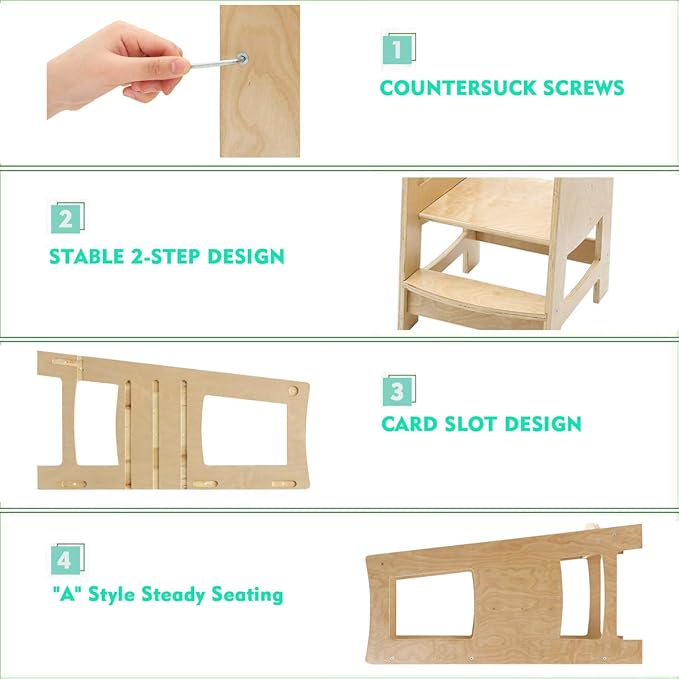 EGREE Toddler Kitchen Step Stool with Safety Rail Kids Wooden Standing Tower for Kitchen Counter and Bathroom Sink, 3 Heights Adjustable Step Up Stool Mothers' Helper, Solid Wood Construction, Natural
