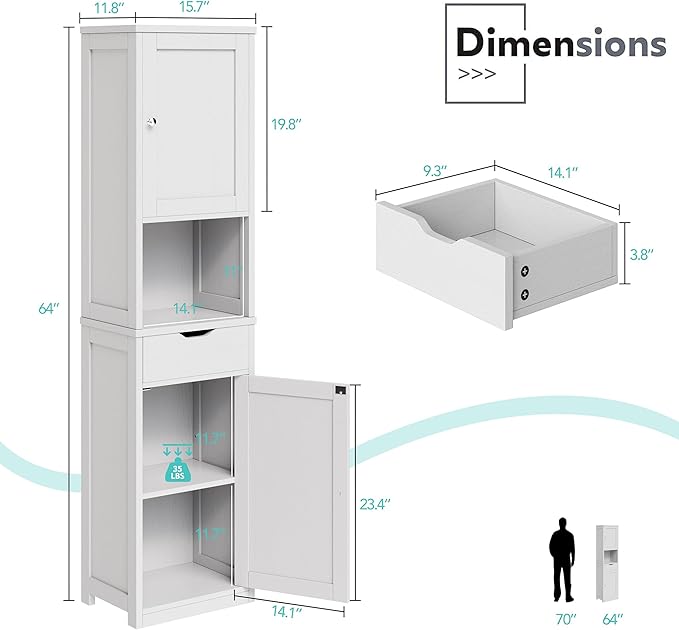 Vongrasig Tall Bathroom Storage Cabinet, 64”H Narrow Storage Unit for Small Spaces, Freestanding Modern Cabinet with Adjustable Shelves for Bathroom, Living Room, Kitchen, White