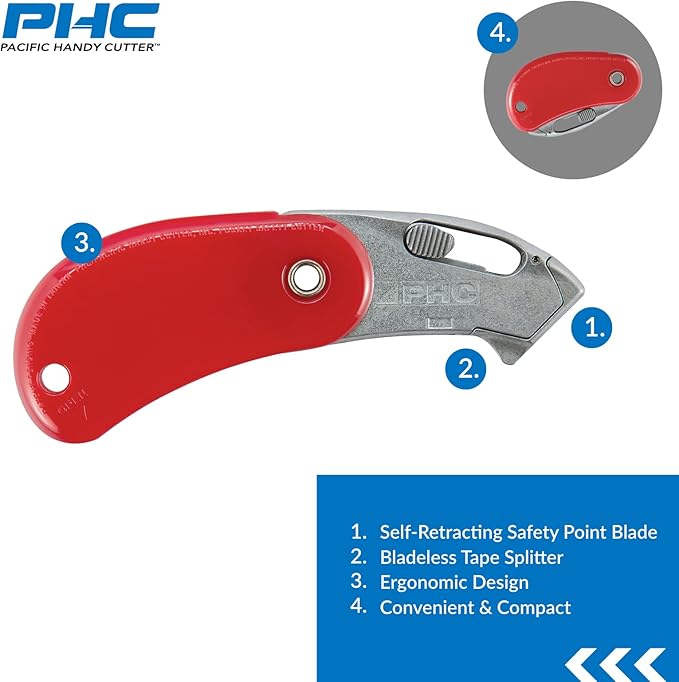 Pacific Handy Cutter PSC2 Pocket Safety Cutter Box of 12 Red Compact Design with Integrated Bladeless Tape Splitter Self-Retracting Safety Point Blade for Boxes Tape String Paper or Plastic PSC2-300