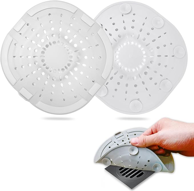 Hair Drain Catcher,Square Drain Cover for Shower Strong Adhesion Silicone Hair Stopper with Suction Cup,Easy to Install Suit for Bathroom,Bathtub,Kitchen 2 Pack (Cream White)