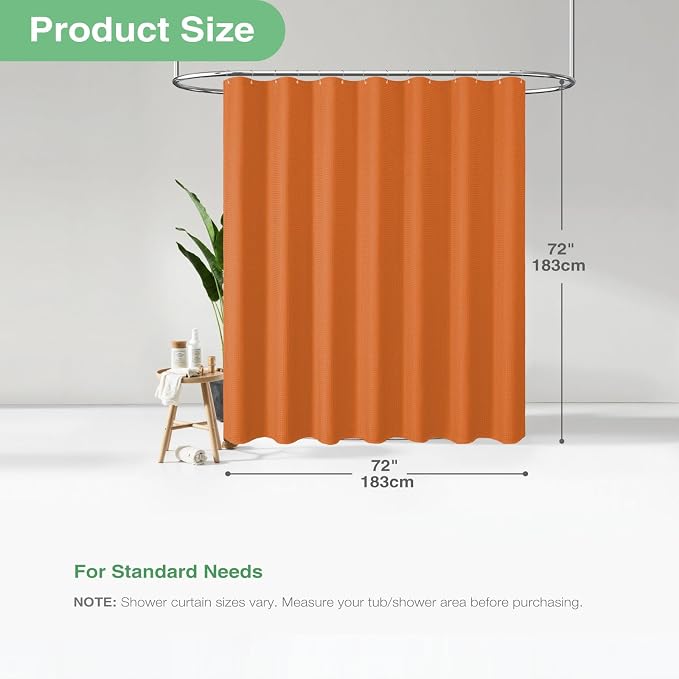 Dynamene Burnt Orange Fabric Shower Curtain - Waffle Weave Textured Heavy Duty Cloth Shower Curtains for Bathroom, 256GSM Hotel Luxury Weighted Bath Curtain Set with 12 Hooks,72x72, Burnt Orange
