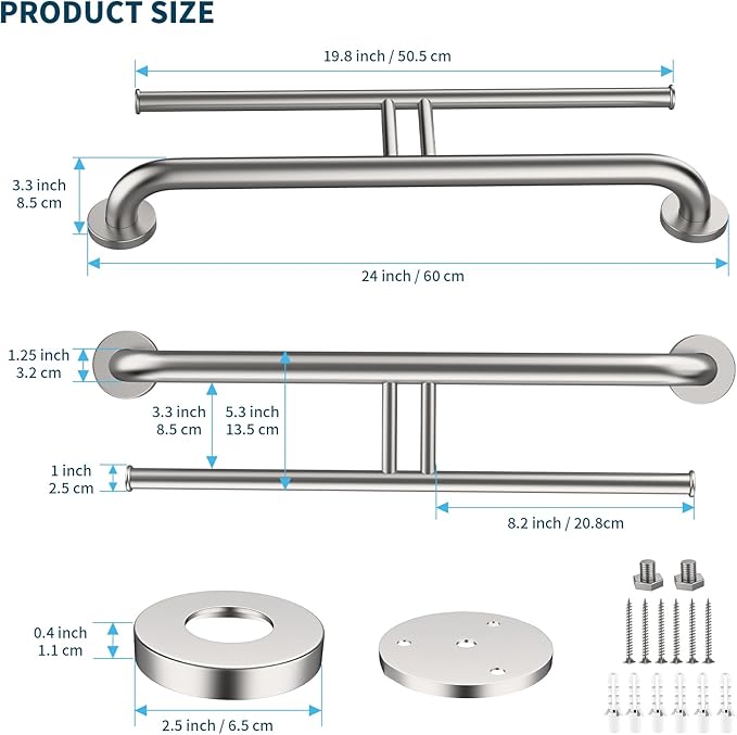 Brushed Nickel Handicap Grab Bars 24 Inch, Stainless Steel Bathroom Safety Grab Bar w/Toilet Paper Holder, Wall Mounted Tissue Paper Roll Holder, Assistance Toilet Shower Handle for Elderly Senior