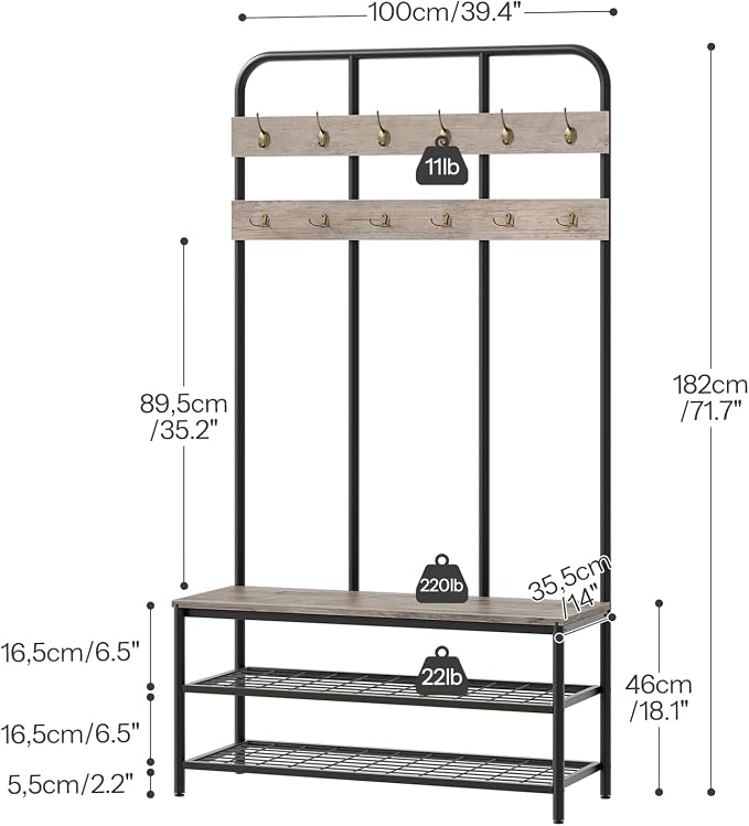 HOOBRO Hall Tree with Bench, Entryway Bench with Coat Rack, Mud Room Rack with 12 Double Hooks and Shoe Storage, Coat Tree, Shoe Organizer, for Foyer, Front Door, Greige and Black BG05MT01