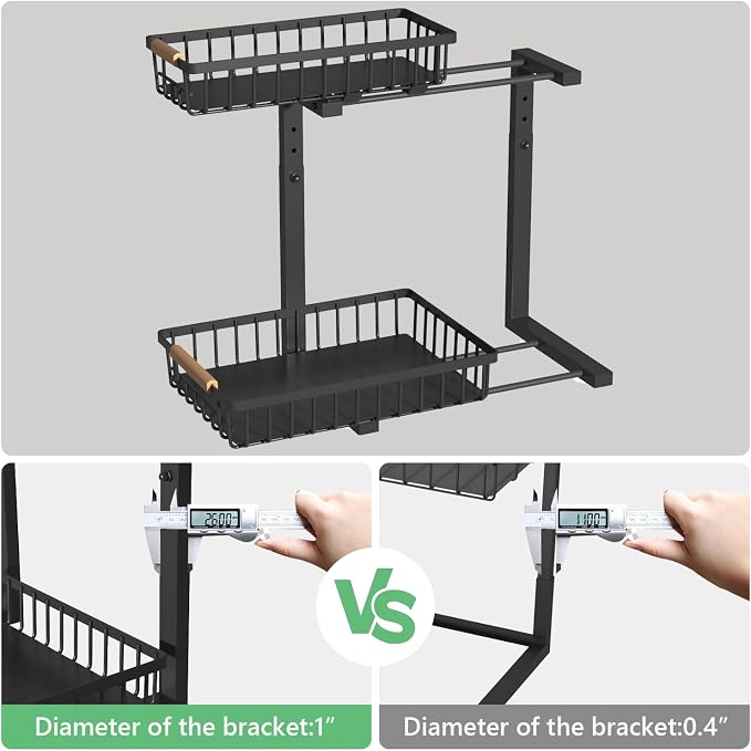 Merrylun Under Sink Organizers,5 Adjustable Height，Metal Pull Out Under Sink Organizers and Storage Shelves with Sliding Drawer, Black, 2 Pack（Hight 13.6″-16.9″）