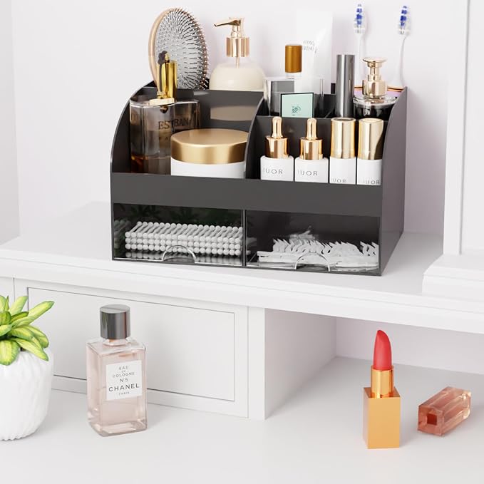 Makeup Organizer with Drawers, Cosmetic Storage for Dresser Vanity and Bathroom Countertop, Beauty Holder for Lipstick Brush, Skincare Organizer for Vanity, Cosmetic Display Case (Black-2Pack)