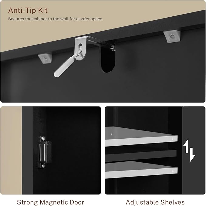 TEENFON Tall Bathroom Cabinet, Storage Cabinet with 6 Shelves & Drawer, Bathroom Storage Cabinet with Adjustable Shelves, Tall Cabinet for Living Room, Home Office, Black