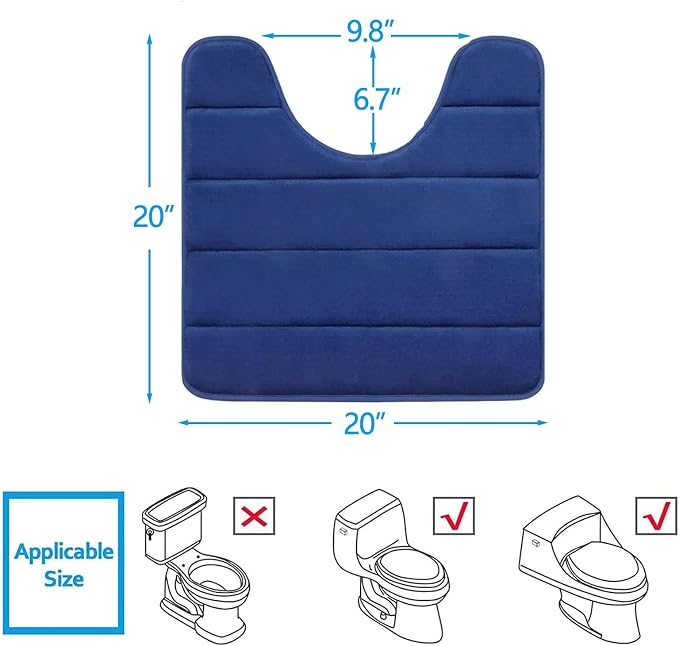 Buganda Memory Foam U-Shaped Contour Toilet Rugs, Non Slip Absorbent, Thick Soft Washable Bathroom Mat, Floor Carpet Bath Rugs Mat for Toilet Base (20" x 20", Navy Blue)