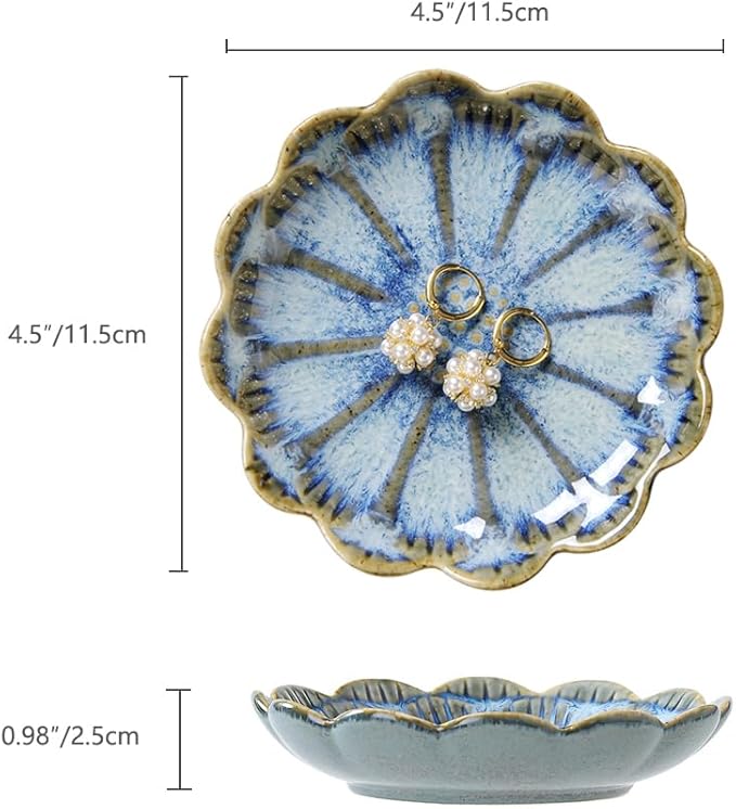 Lotus Ring Holder Dish Small Indoor Ash Tray, Ceramic Dessert Plate Trinket Jewelry Holder Organizing Necklace Earrings for Parents Friends Sister, All Jewelries Are NOT Included, Retro Blue.