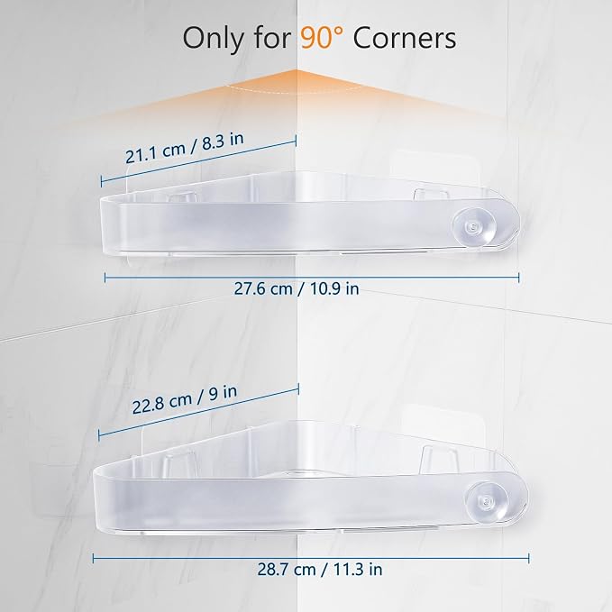 Sotfamily Plastic Shower Caddy Corner (for 90° Only), 2 Pack Adhesive Corner Shower Shelves for Bathroom Organizers and Storage, Frosted Clear
