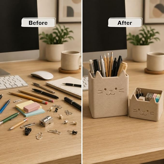 Office Desk Accessories, Set of 2 Pencil Cups, Cute Cat Pen Holder, Cute Desk Decor, Bathroom Organizer, Toothbrush Holders with Drainage, Makeup Brush Organizer, Cat Lover Gifts (Matte Latte Brown)