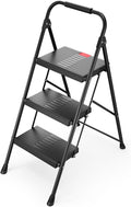 TOOLF 3 Step Ladder, Folding Step Stool with Anti-Slip Wide Pedals & Handrail, Safe-Lock Design, Portable Sturdy Steel Ladder Stool for Home & Kitchen – Black
