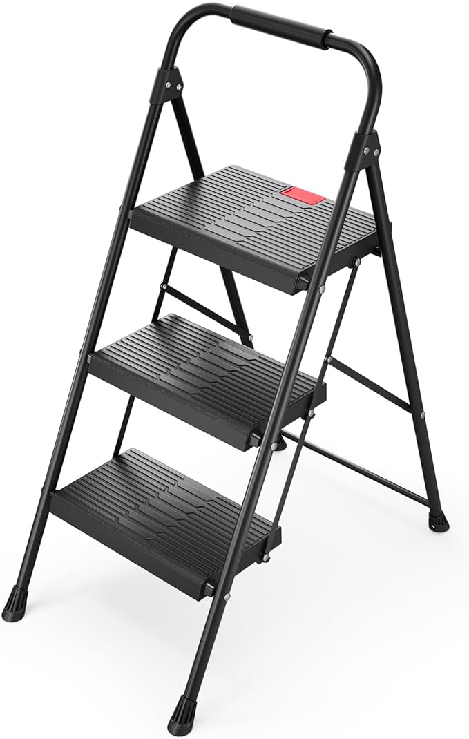 TOOLF 3 Step Ladder, Folding Step Stool with Anti-Slip Wide Pedals & Handrail, Safe-Lock Design, Portable Sturdy Steel Ladder Stool for Home & Kitchen – Black