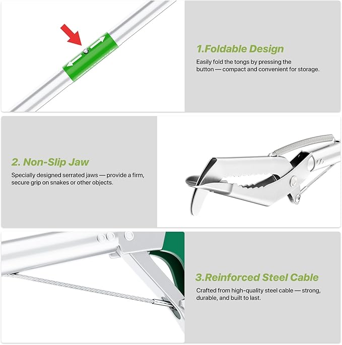 50" Foldable Grabber Reacher Tool with Green Handle, Extra Long Lightweight Trash Pickup & Litter Picker, 3-Fold Stainless-Steel Reaching Aid for Home, Office & Garden Use