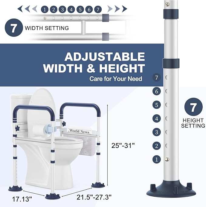 Toilet Safety Rails for Seniors, Adjustable Height & Width Toilet Rails, 350 lb Toilet Handles for Elderly and Disabled, Foldable Toilet Safety Frame, Toilet Bars Fit Any Toilets