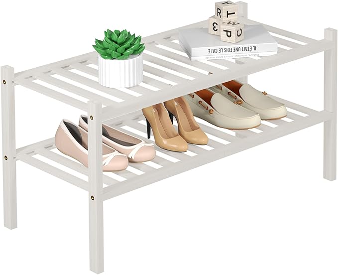 ROMGUAR CRAFT 2 Tier Bamboo Shoe Rack for Closet Free Standing Wood Shoe Shelf for Entryway Small Space Stackable 27"x11"x13" (White)