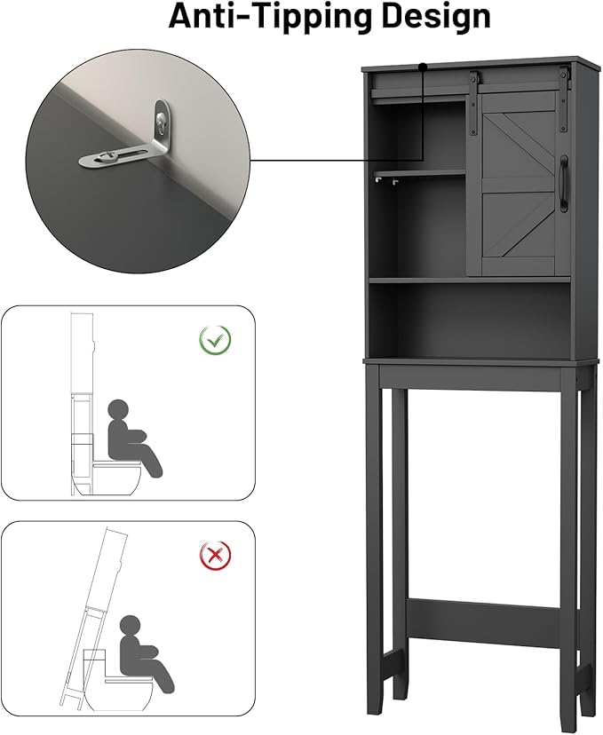 Over The Toilet Storage Cabinet, Bathroom Organizer with Adjustable Shelves and Anti-Tip Device, Space-Saving Storage Solution, Black