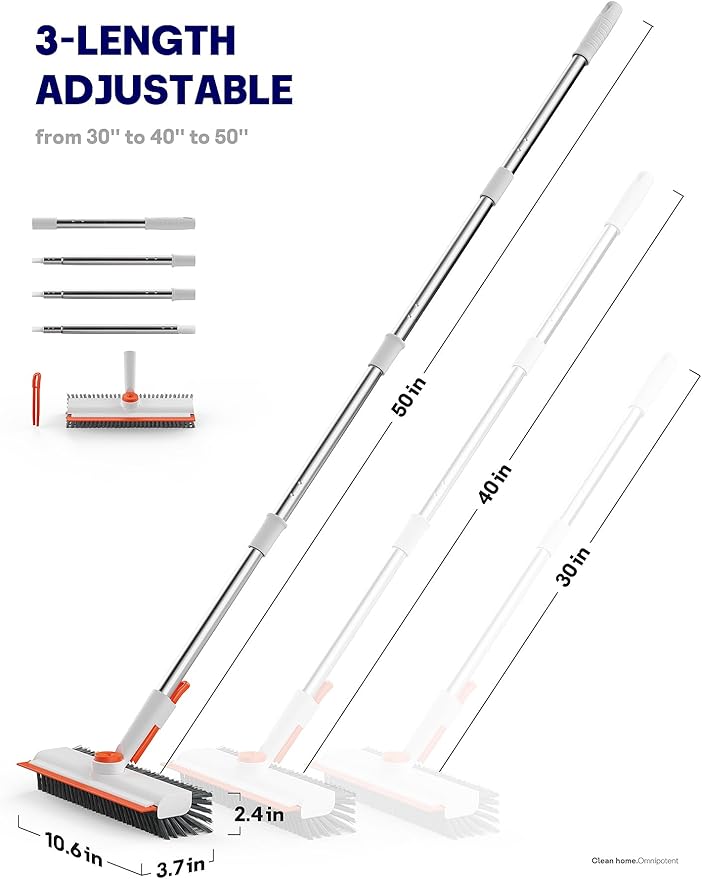 Floor Scrub Brush with Long Handle, 3 in 1 Scrape and Heavy-Duty Stiff Bristle Floor Scrubber Brush with Squeegee and Tweezer for Cleaning Tile Wall Deck (Orange and White)