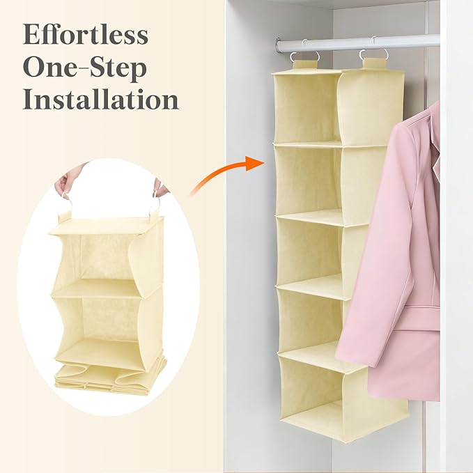Lifewit 5 Tier Hanging Closet Organizer and Storage for Shelves, Foldable Clothes Shelf with 2 Sturdy Hooks, Sweater/Coat/Shoes Clothing Organization for Wardrobe, Dorm, Bedroom, Beige