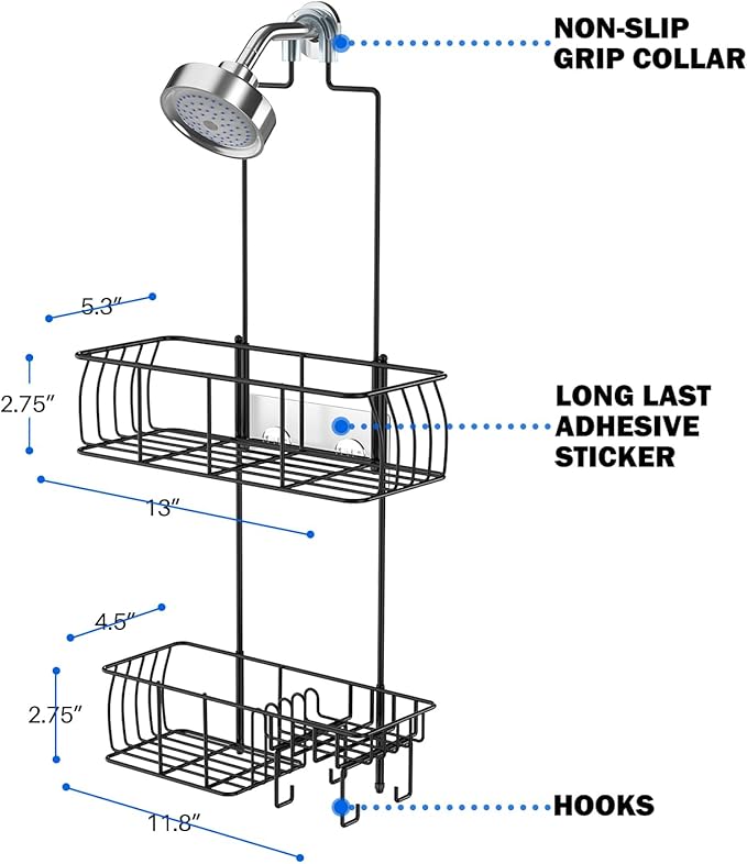 Epicano Shower Caddy Hanging Over Head, Matte Black,Stainless Steel | Rustproof,4 Hooks for Towels,Sponge and & Bathroom Accessories,Anti-Swing Suction Cups & Adhesive hooks