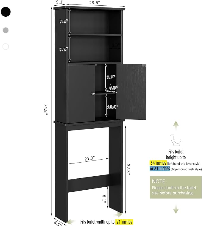 Over the Toilet Storage Cabinet for Bathroom, 75in Black Over Toilet Cabinet Freestanding Storage Organizer, Space Saver with Doors and Adjustable Shelf, Black