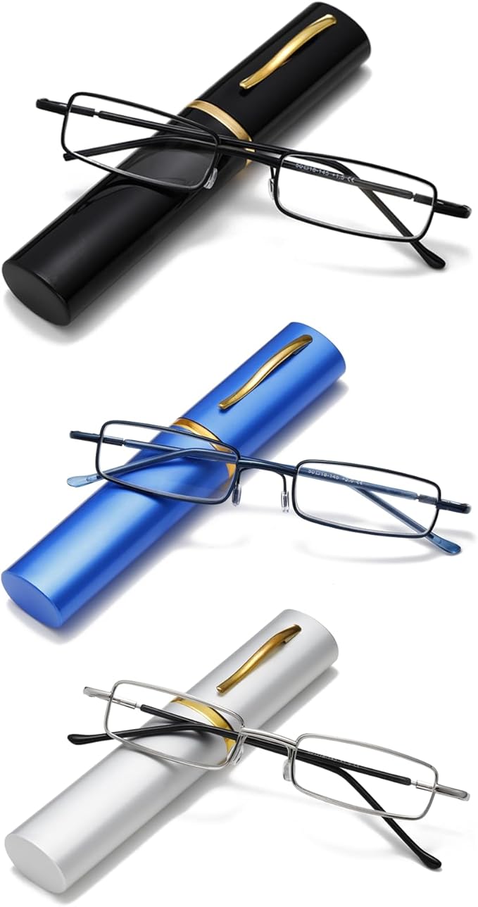 Viseng Slim Mini Metal Reading Glasses Compact Lightweight Portable Readers with Glasses Case for Reading Case +2.0 Black/Blue/silvery