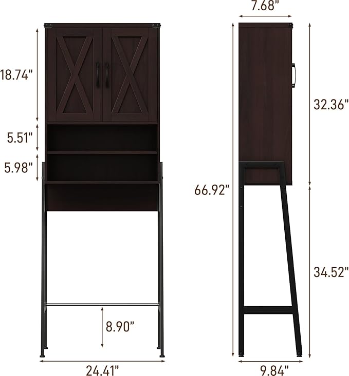 Vabches Over The Toilet Storage Cabinet, Farmhouse Over Toilet Storage Cabinet, Metal Frame with Barn Doors, Home Space-Saving Toilet Rack for Bathroom, Toilet, Laundry Room